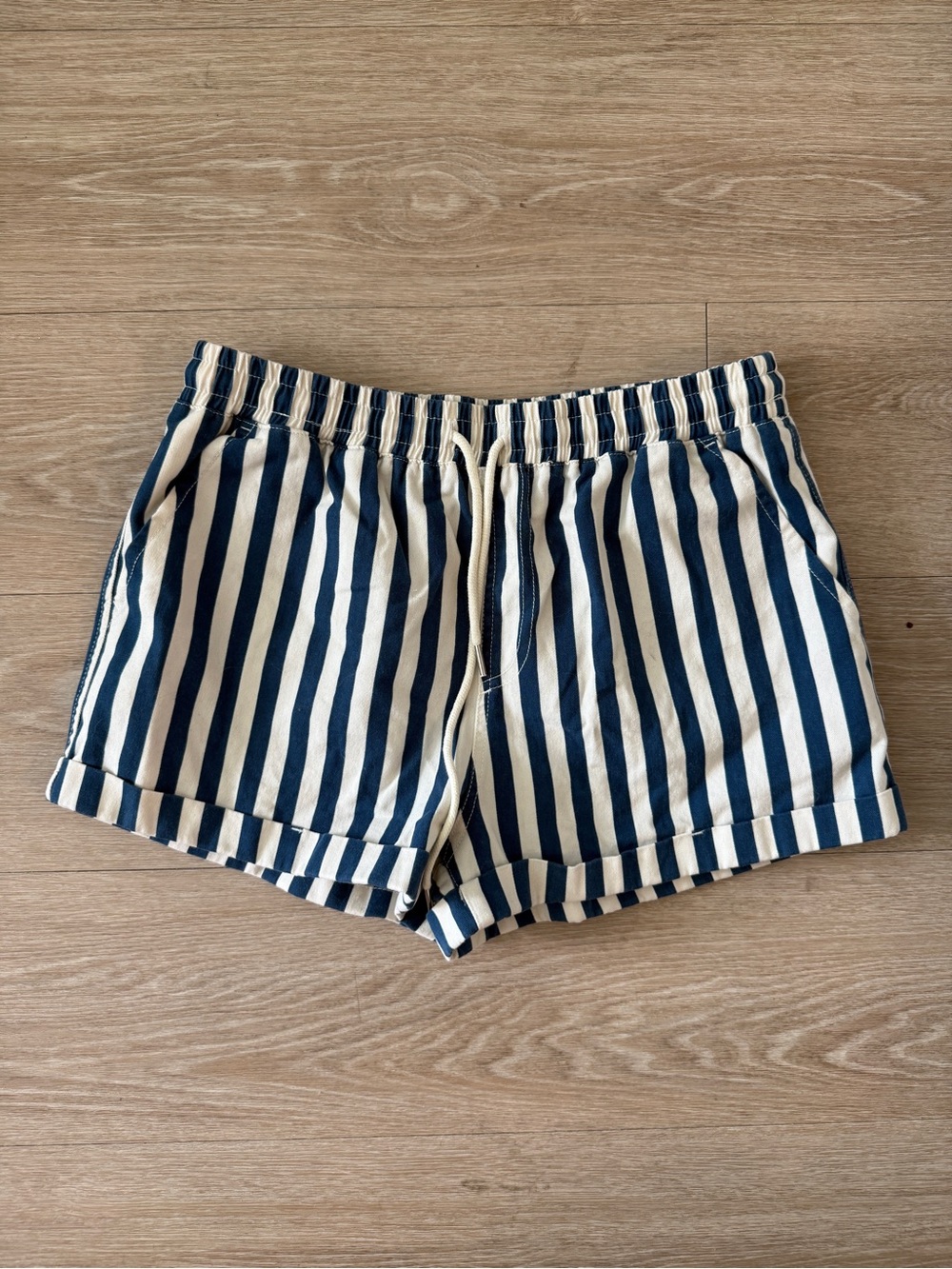 H&M Navy and White Vertical Stripe Drawstring Shorts